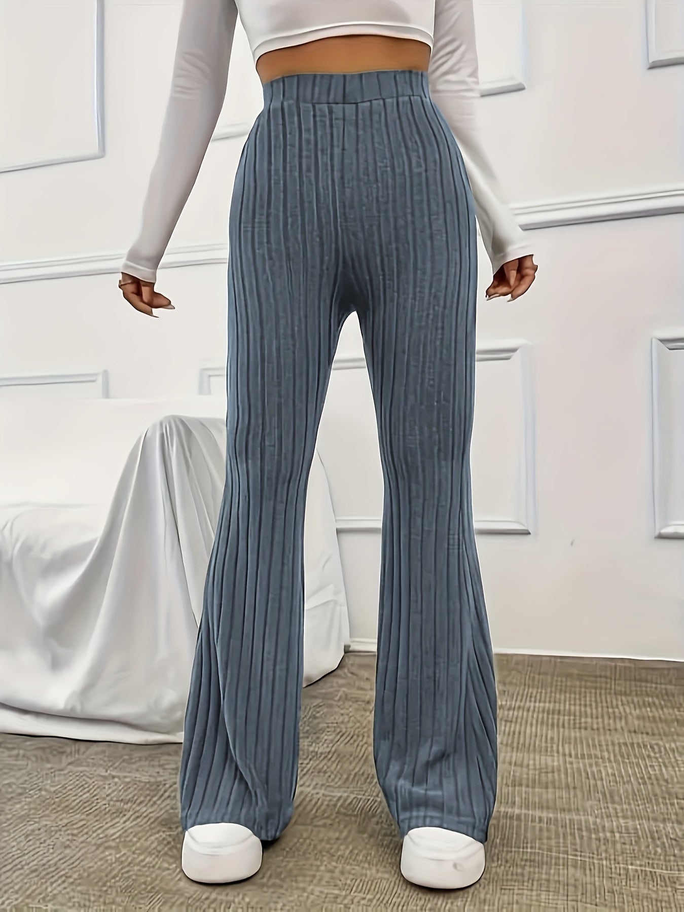 Elegant Ribbed Polyester Long Pants - High Elasticity, Solid Chic, Easy Care, Perfect for Spring & Fall