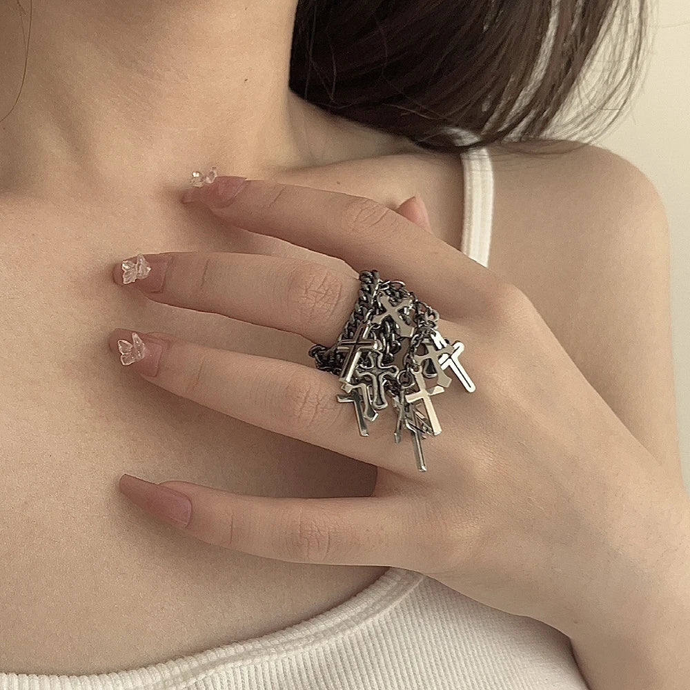 INGVN  Hip Hop Multi-Layer Ring Black Chain Cross Fringe Pendant Ring Unisex Men Women Fashion Trend Punk Jewelry Accessories