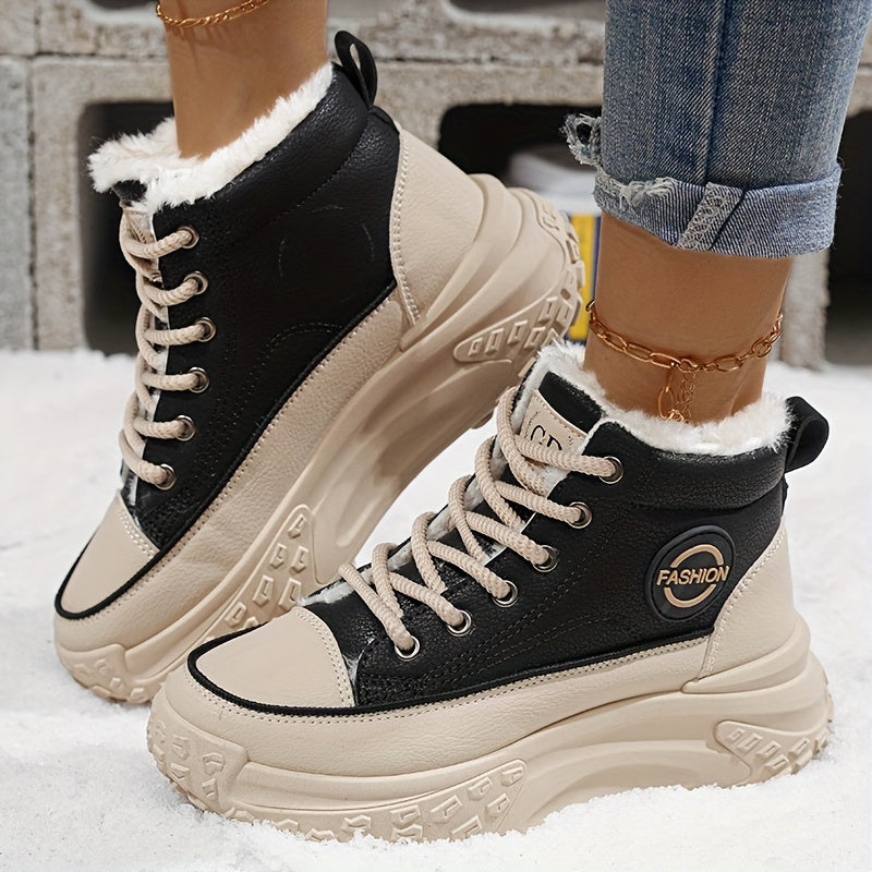 Cozy & Stylish Women's High-Top Sneakers - Plush Lined, Thick Sole, Warm Winter Booties with Lace-Up Closure
