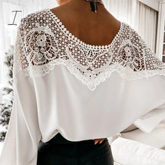 Ingvn - New Crochet Embroidery Lace Blouses Women Autumn Sexy Lace Stitching White Shirts Vintage Elegant Ladies Tops Blusas 12459