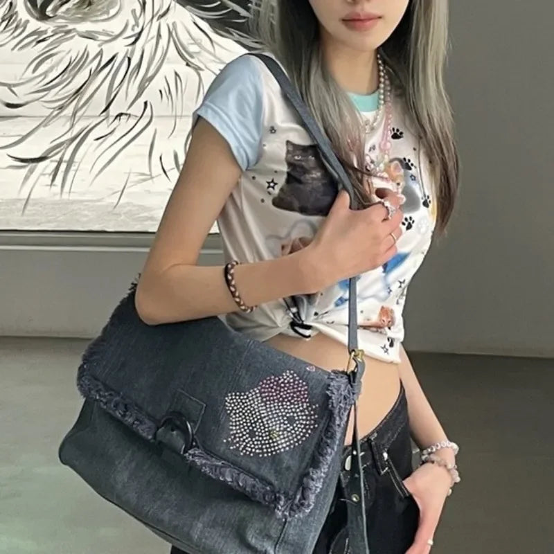 Ingvn  Hello Kitty Vintage Shoulder Bag for Women Y2k Denim American Style Original Armpit Bag Literary Harajuku Fashion Handbag