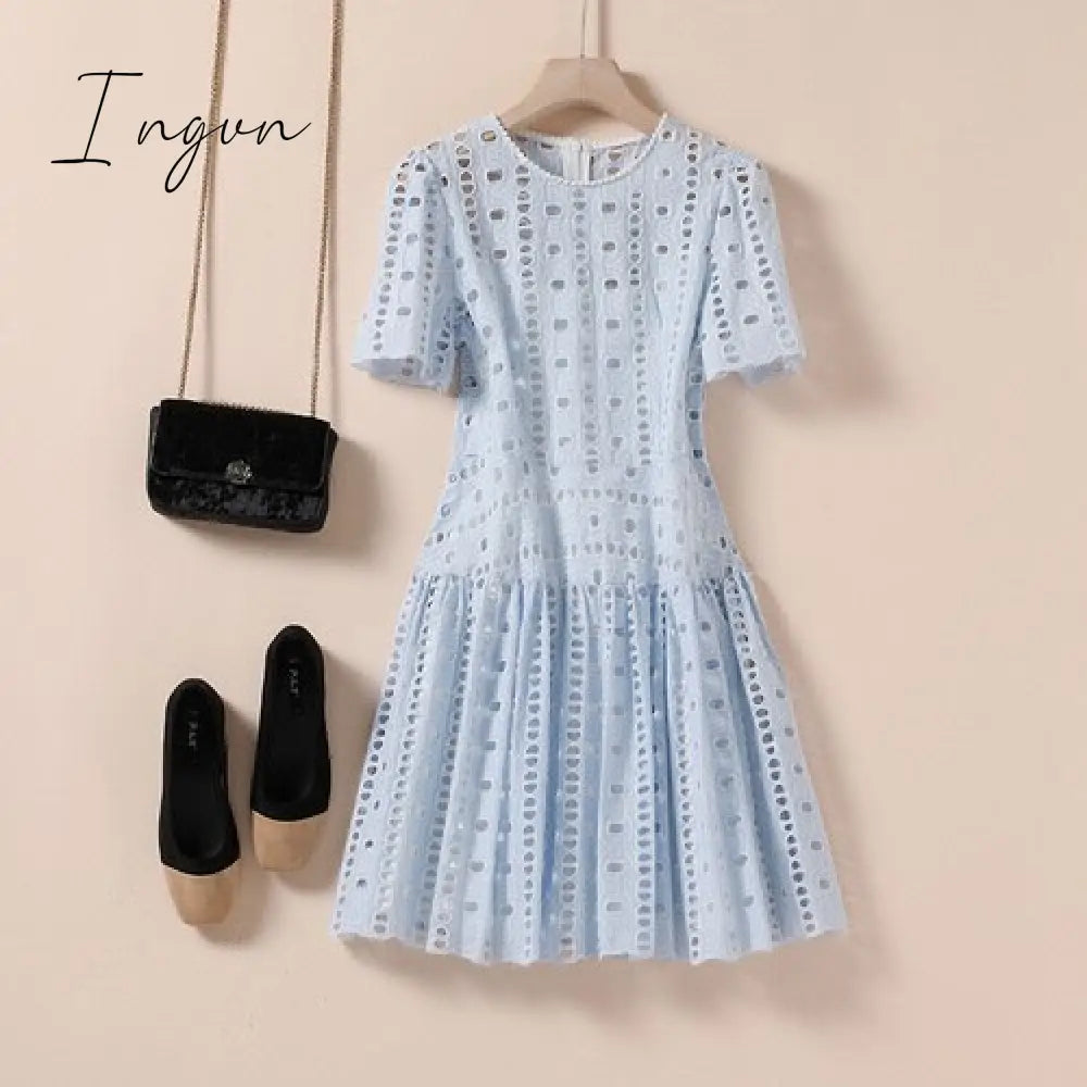 Ingvn - Summer Outfits High Quality Summer Hollow White Lace Two-Piece Dress Zomerjurk Dames High-Waisted Women Party Dress Vestidos De Verano N