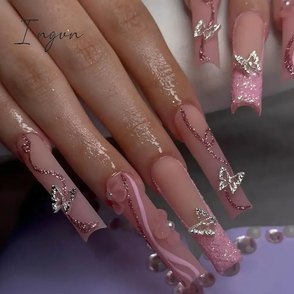 24pcs French rhinstones artifical nails with glue full cover false nails detachable coffin fake nail bling press on nails