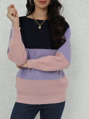 Color Block Boat Neck Pullover Sweater, Casual Long Sleeve Loose Sweater, Women's Clothing