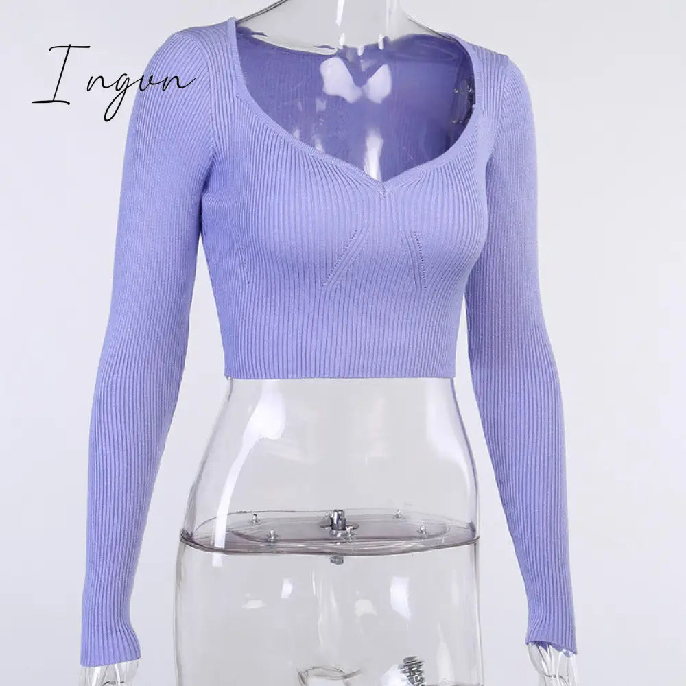 Ingvn - Fashion Trends European and American Fashion Autumn New Women's Solid Color Long-sleeved Slim Top Feminine Peach Heart V-neck Woolen Sweater