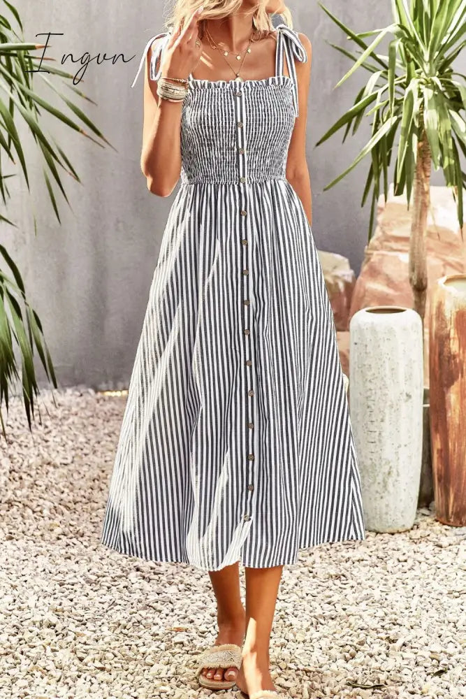 Ingvn - Smocked Tie Strap Sleeveless Striped Midi Dress