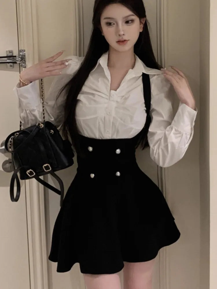 Voguable  Y2K 3 Piece Set Women Cropped Coat + Long Sleeve Shirt + High Waist Halter Ruffles Mini Dress Korean Chic Fashion Sexy Outfits