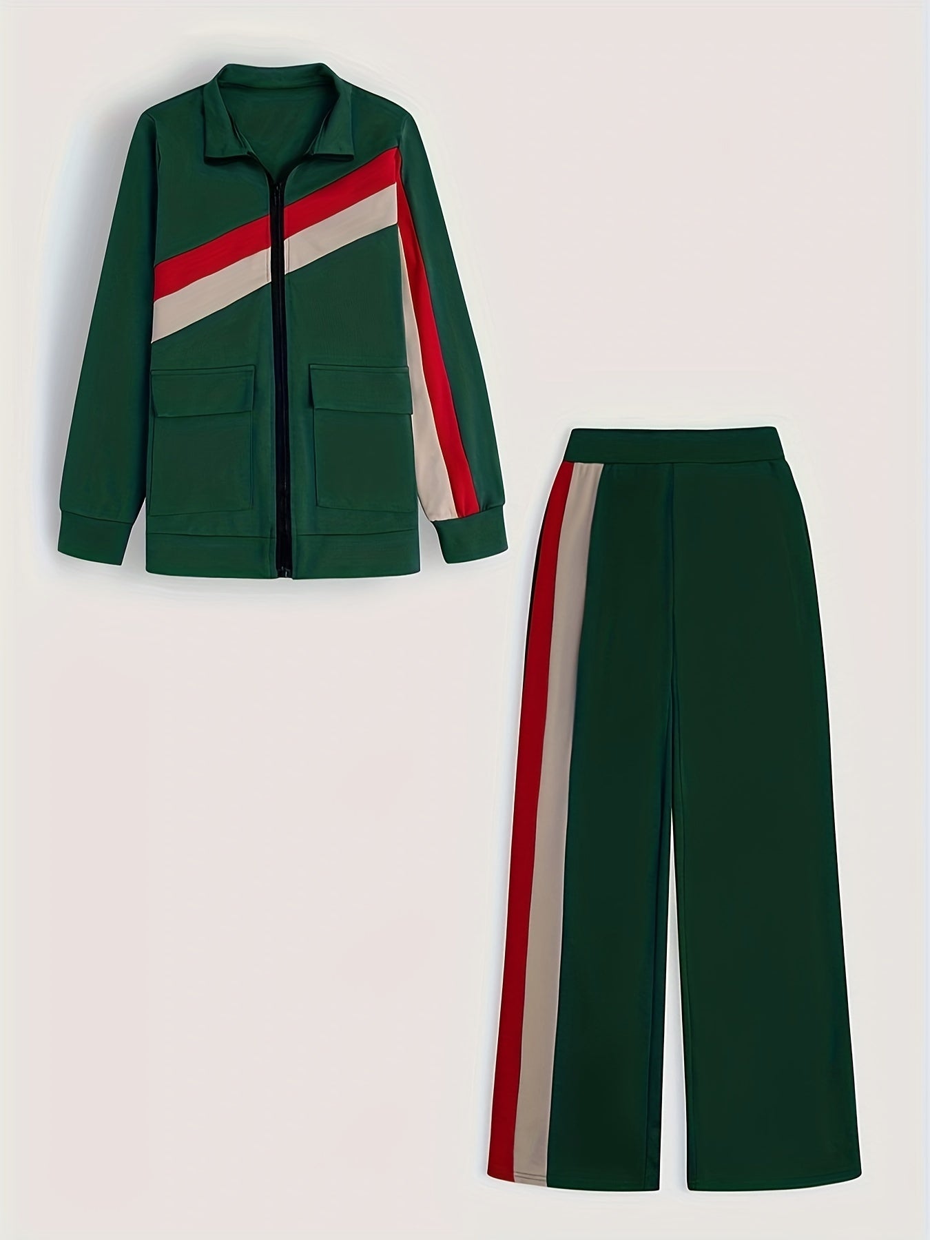 Two-piece Set, Long Sleeve & Long Length, Zip Up, Striped Print Retro Outfits, Women's Clothing