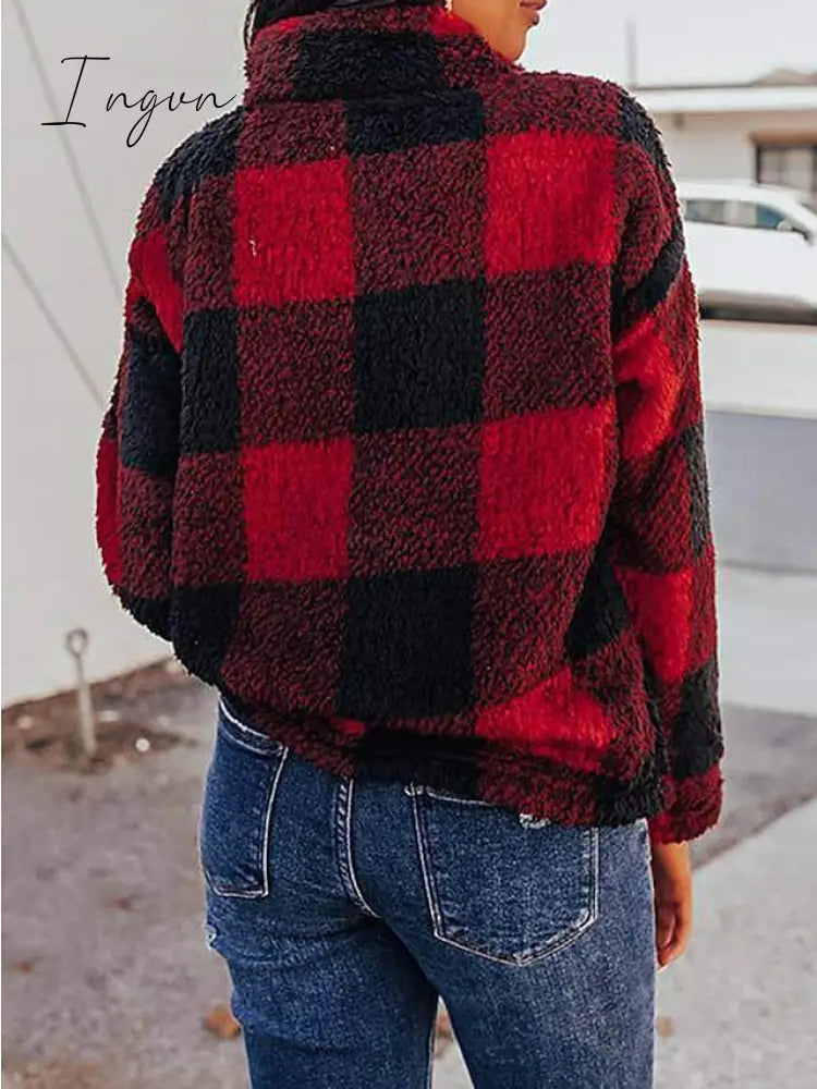 Ingvn - Women's Sweatshirt Pullover Fuzzy Teddy Quarter Zip Red Khaki Plaid Casual V Neck Long Sleeve Fleece Top Micro-elastic Fall & Winter
