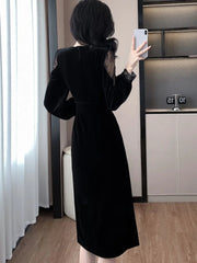 Autumn Elegant Solid Velvet Dress for Women Embroidered Flares O-Neck Long Sleeve Evening Party Dresses Female Vestidos Mujer
