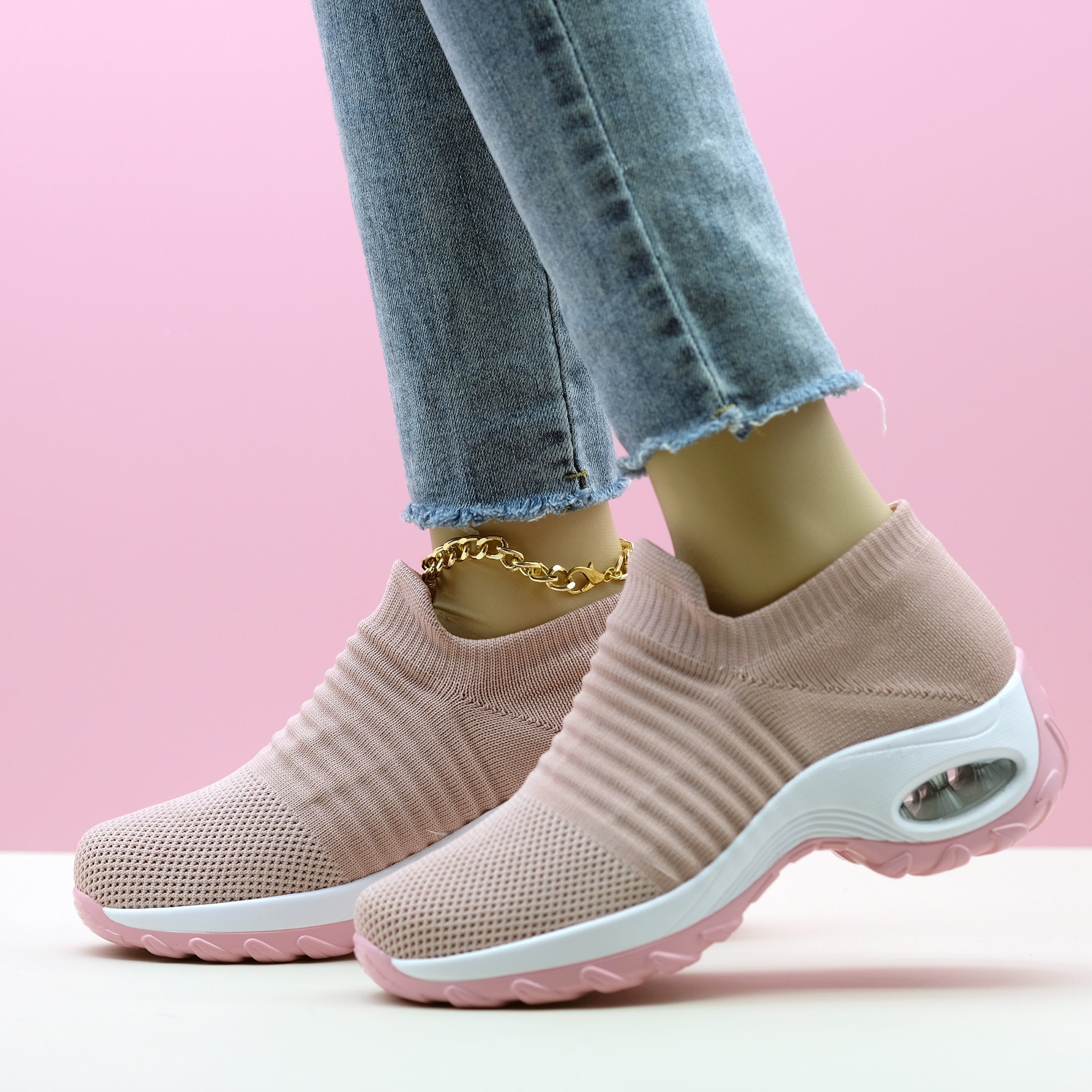 Women's Breathable Knit Sneakers, Comfortable Low Top Slip On Shoes, Women's Air Cushion Shoes plus size