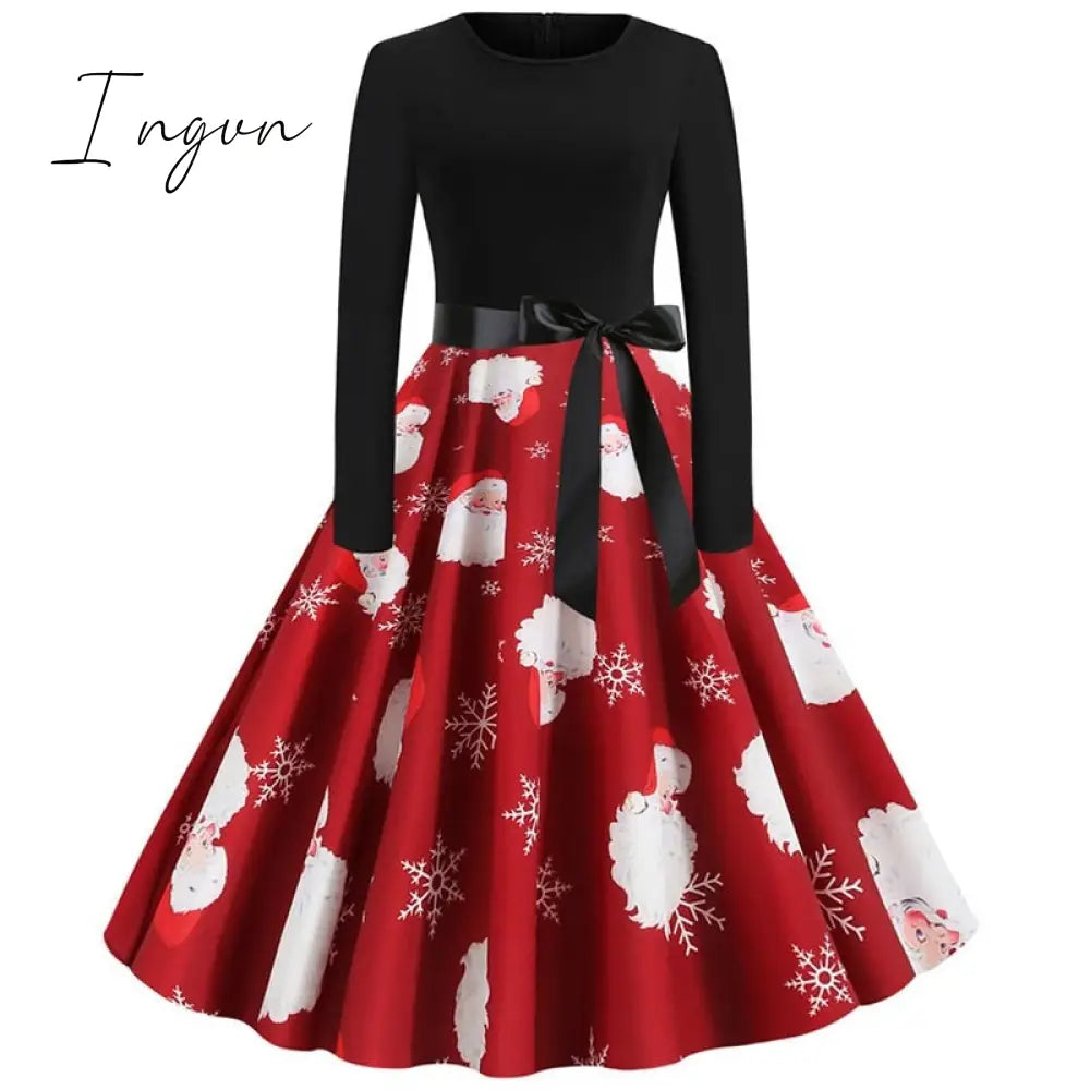 Ingvn - Winter Christmas Dresses Women 50S 60S Vintage Robe Swing Pinup Elegant Party Dress Long Sleeve Casual Plus Size Print Black