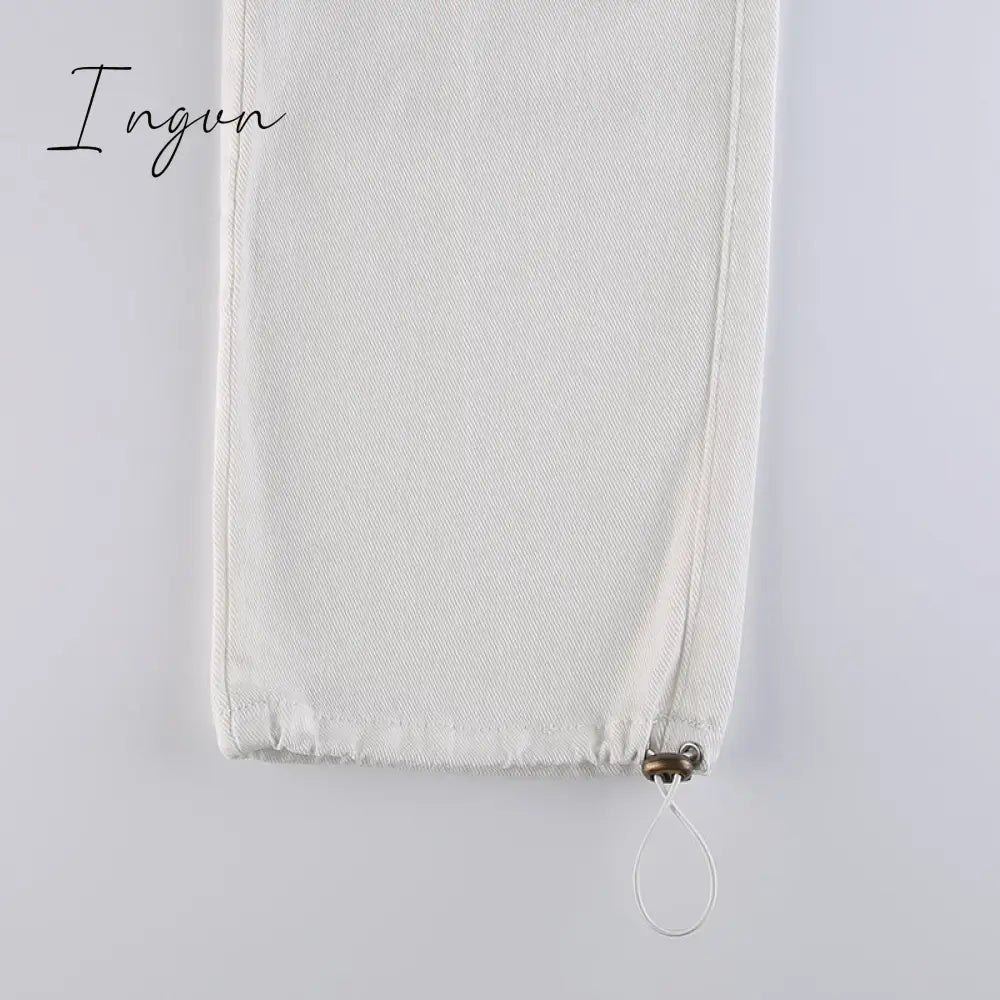 Ingvn - Women Spring Fashion Multi Pockets White Cargo Pants Women Adjustable Low Waist Baggy Wide Leg Jeans Oversized Casual Trousers Retro Bottoms Iamhotty