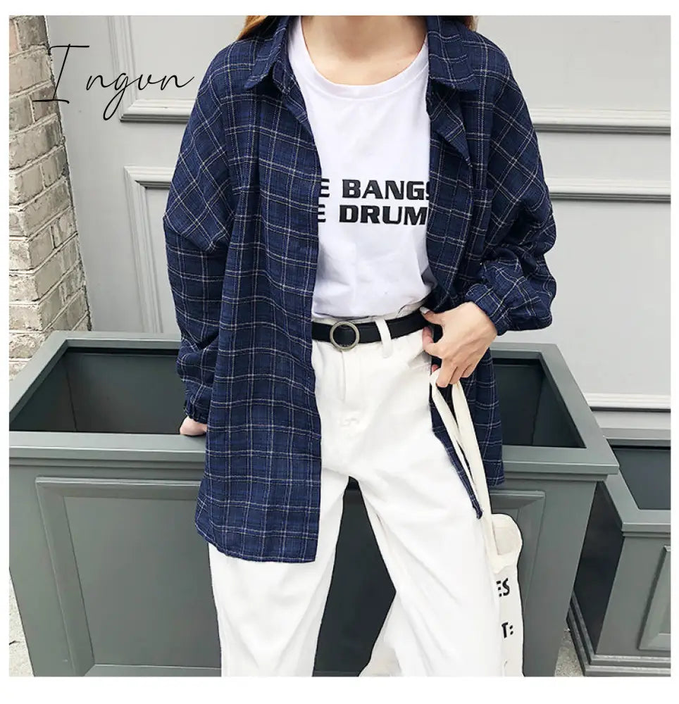 Ingvn - New Woman Vent Vintage Plaid Shirt Single Breasted Turn down Collar Cotton Long Sleeve Button Feminina Sales T8D512Z