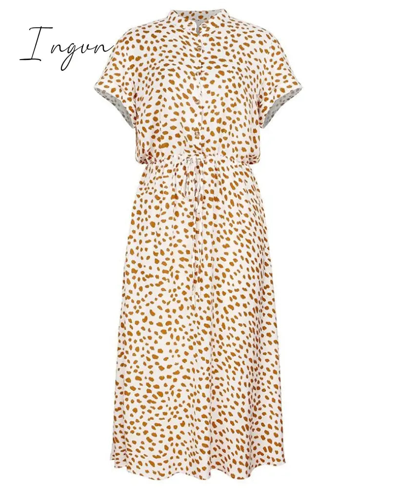 Ingvn - Ladies Bohemian Leopard Print Shirt Dress Women Casual Midi Holiday Summer Dress Female A-line Loose Women Beach Dress Vestidos