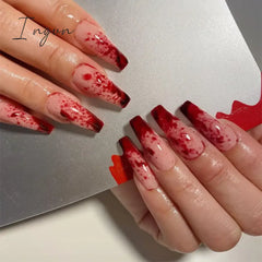 Halloween Red Bloodstain False Nails Long Coffin Ballet Full Cover Press on Nails Detchable Full Cover Fake Nail Patches 24pcs