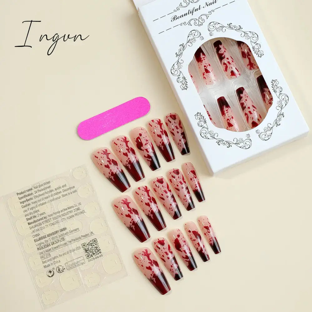Halloween Red Bloodstain False Nails Long Coffin Ballet Full Cover Press On Detchable Fake Nail