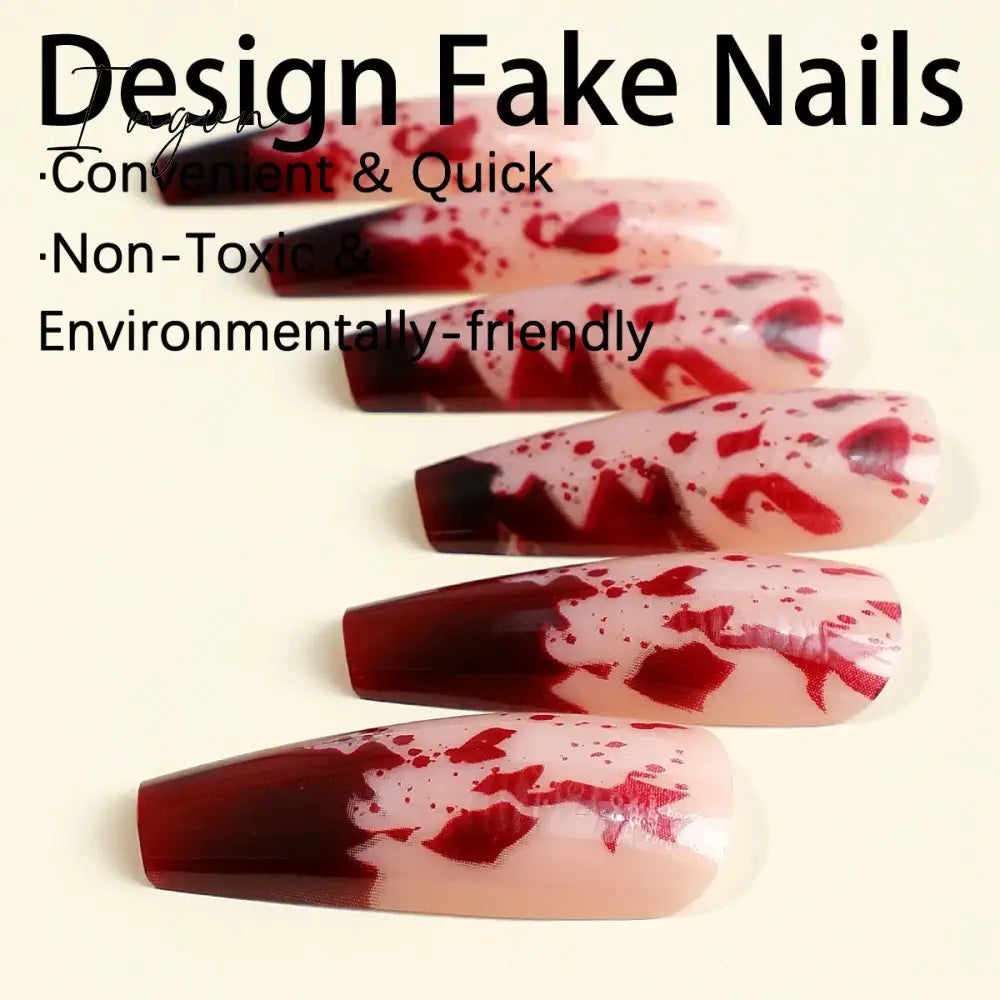 Halloween Red Bloodstain False Nails Long Coffin Ballet Full Cover Press On Detchable Fake Nail
