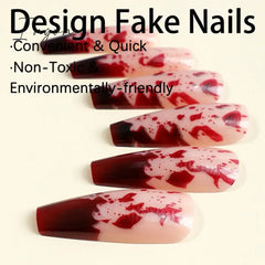 Halloween Red Bloodstain False Nails Long Coffin Ballet Full Cover Press On Detchable Fake Nail