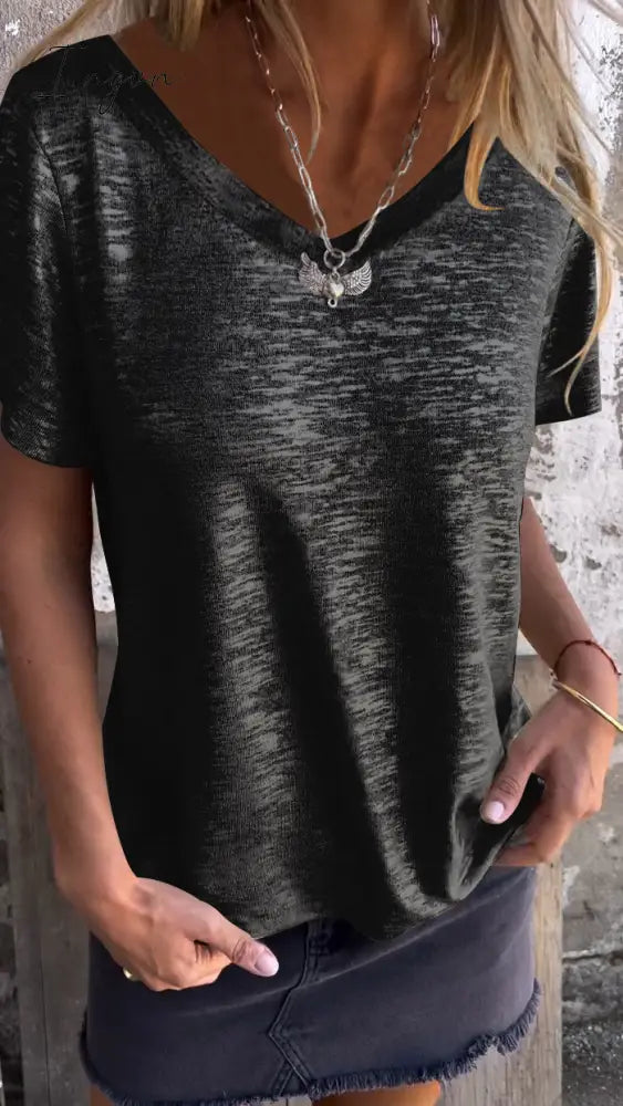Hot Stamping Short-Sleeved T-Shirt V-Neck Top / Black S(Us 6-8)