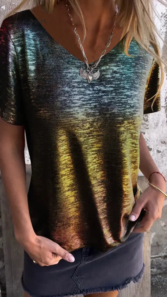 Hot Stamping Short-Sleeved T-Shirt V-Neck Top / Colorful Black S(Us 6-8)