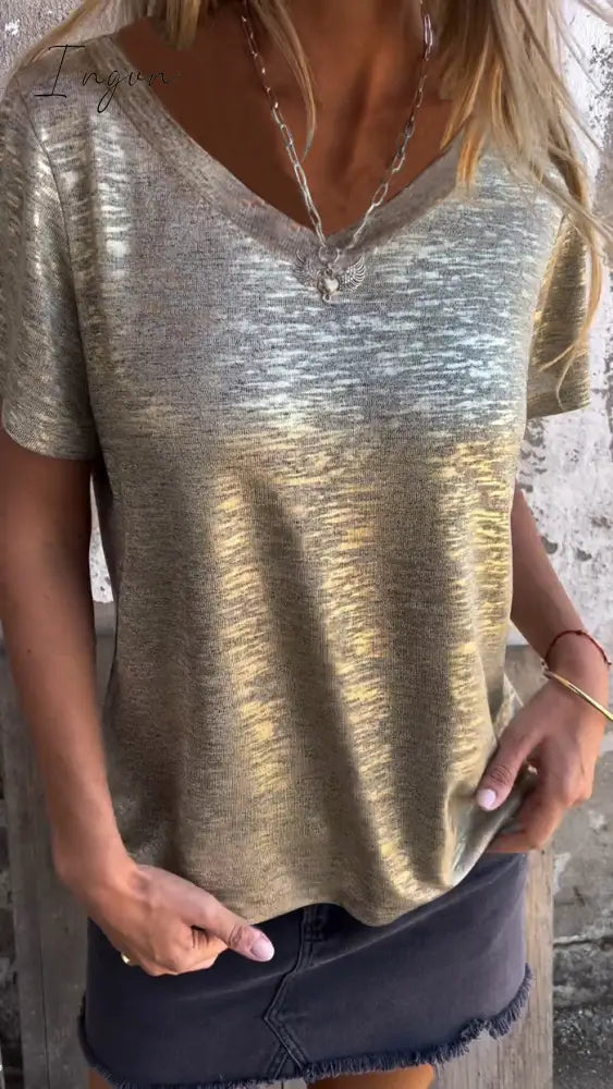 Hot Stamping Short-Sleeved T-Shirt V-Neck Top / Gold S(Us 6-8)