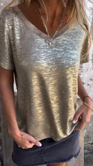 Hot Stamping Short-Sleeved T-Shirt V-Neck Top / Gold S(Us 6-8)