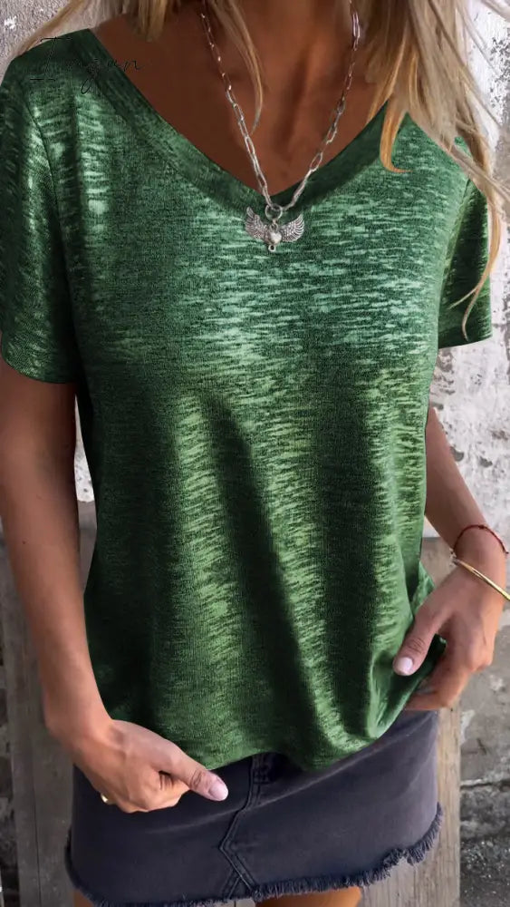 Hot Stamping Short-Sleeved T-Shirt V-Neck Top / Green S(Us 6-8)