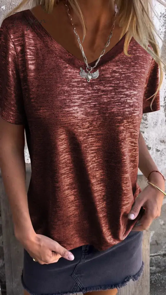 Hot Stamping Short-Sleeved T-Shirt V-Neck Top / Red S(Us 6-8)