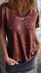 Hot Stamping Short-Sleeved T-Shirt V-Neck Top / Red S(Us 6-8)