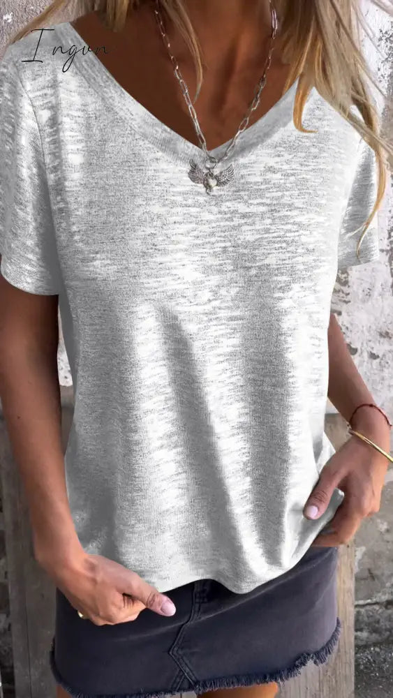 Hot Stamping Short-Sleeved T-Shirt V-Neck Top / Silver S(Us 6-8)