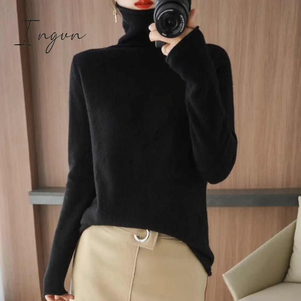 Ingvn - 100% Pure Wool Cashmere Sweater Fall/Winter Pile Collar Pullover Korean Fashion Casual