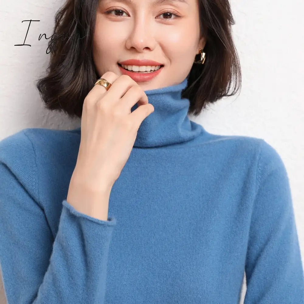 Ingvn - 100% Pure Wool Cashmere Sweater Fall/Winter Pile Collar Pullover Korean Fashion Casual