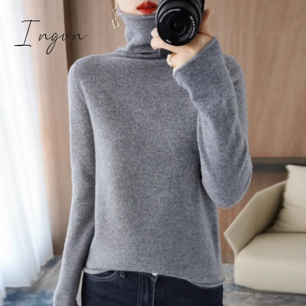 Ingvn - 100% Pure Wool Cashmere Sweater Fall/Winter Pile Collar Pullover Korean Fashion Casual