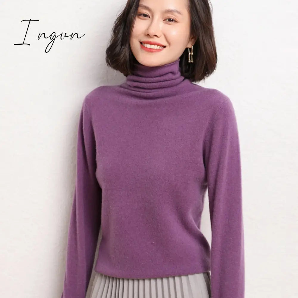 Ingvn - 100% Pure Wool Cashmere Sweater Fall/Winter Pile Collar Pullover Korean Fashion Casual