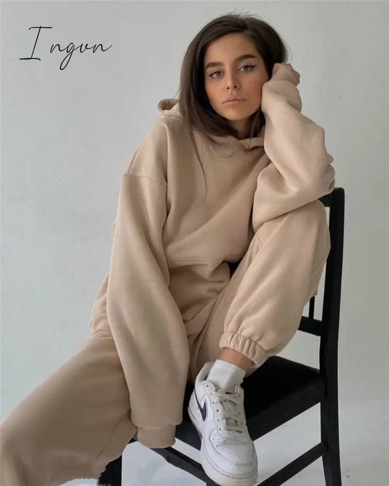 Ingvn - 2 Piece Set Women Spring Autumn Tracksuit Solid Hooded Sweatshirt Top And Wide Leg Pants