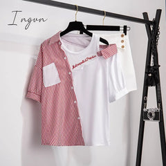 Ingvn - 2 Pieces Shorts Sets Summer Sweet Korean Off Shoulder Striped Patchwork Tops And Women Two