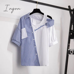 Ingvn - 2 Pieces Shorts Sets Summer Sweet Korean Off Shoulder Striped Patchwork Tops And Women Two