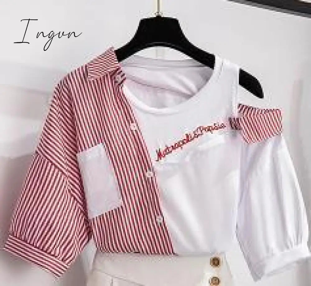 Ingvn - 2 Pieces Shorts Sets Summer Sweet Korean Off Shoulder Striped Patchwork Tops And Women Two