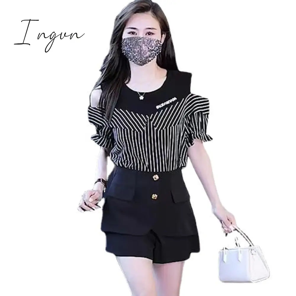 Ingvn - 2 Pieces Shorts Sets Summer Sweet Korean Off Shoulder Tops And Women Clothing Two Outfits