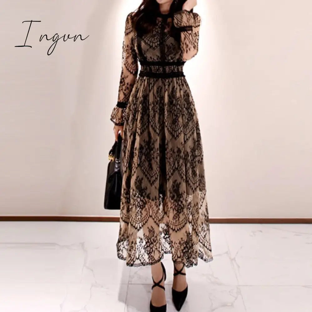 Ingvn - 2023 Fashion Outfits Spring Elegant Sexy Women Vintage Lace Long Sleeve O-Neck Robe Femme