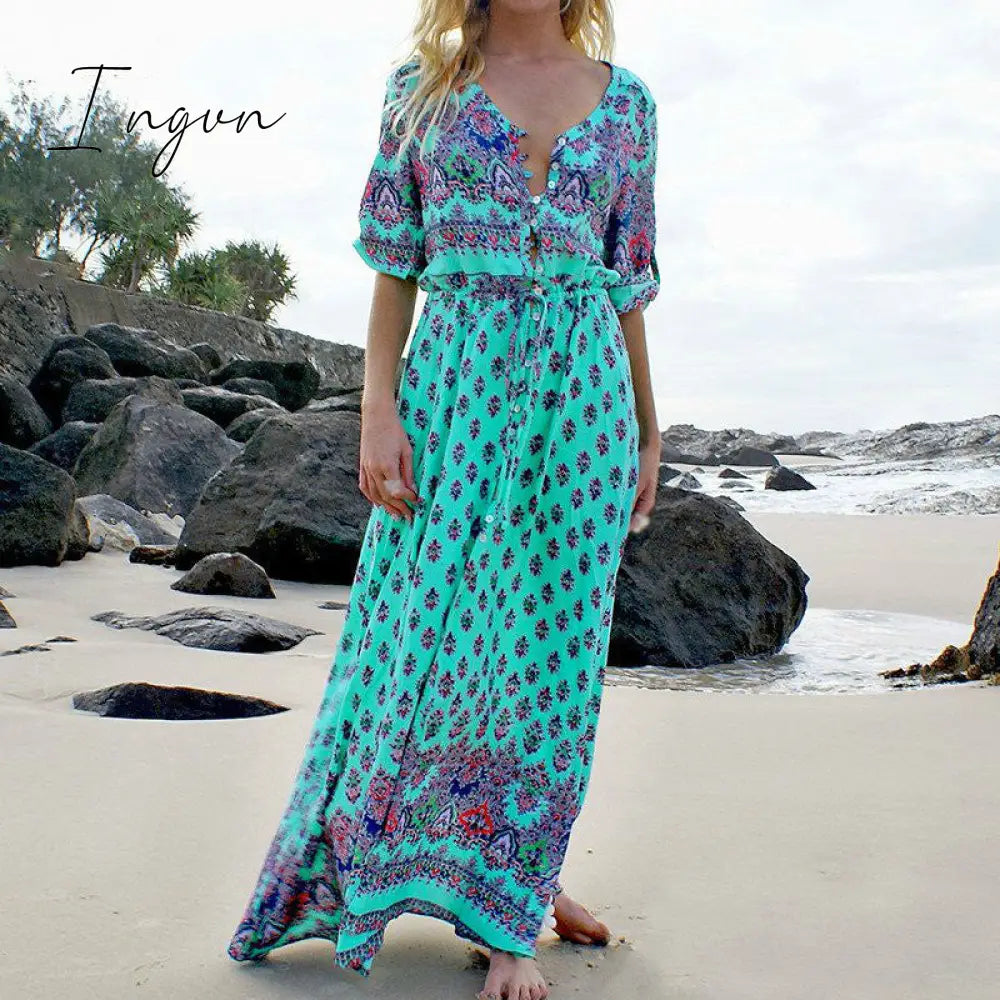 Ingvn - 2023 Fashion Summer Boho Beach Dress Floral Print Ethnic Long Maxi Woman Party Night Elegant