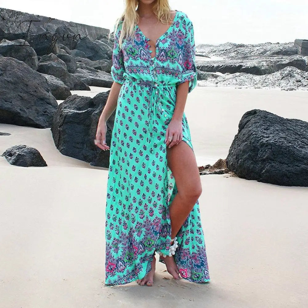 Ingvn - 2023 Fashion Summer Boho Beach Dress Floral Print Ethnic Long Maxi Woman Party Night Elegant