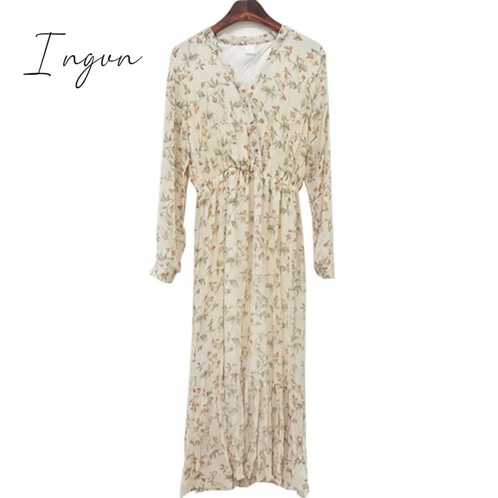 Ingvn - 2023 Fashion Trends Elegant Ruched Floral Print Women Autumn Dress Sexy V-Neck Full Sleeve