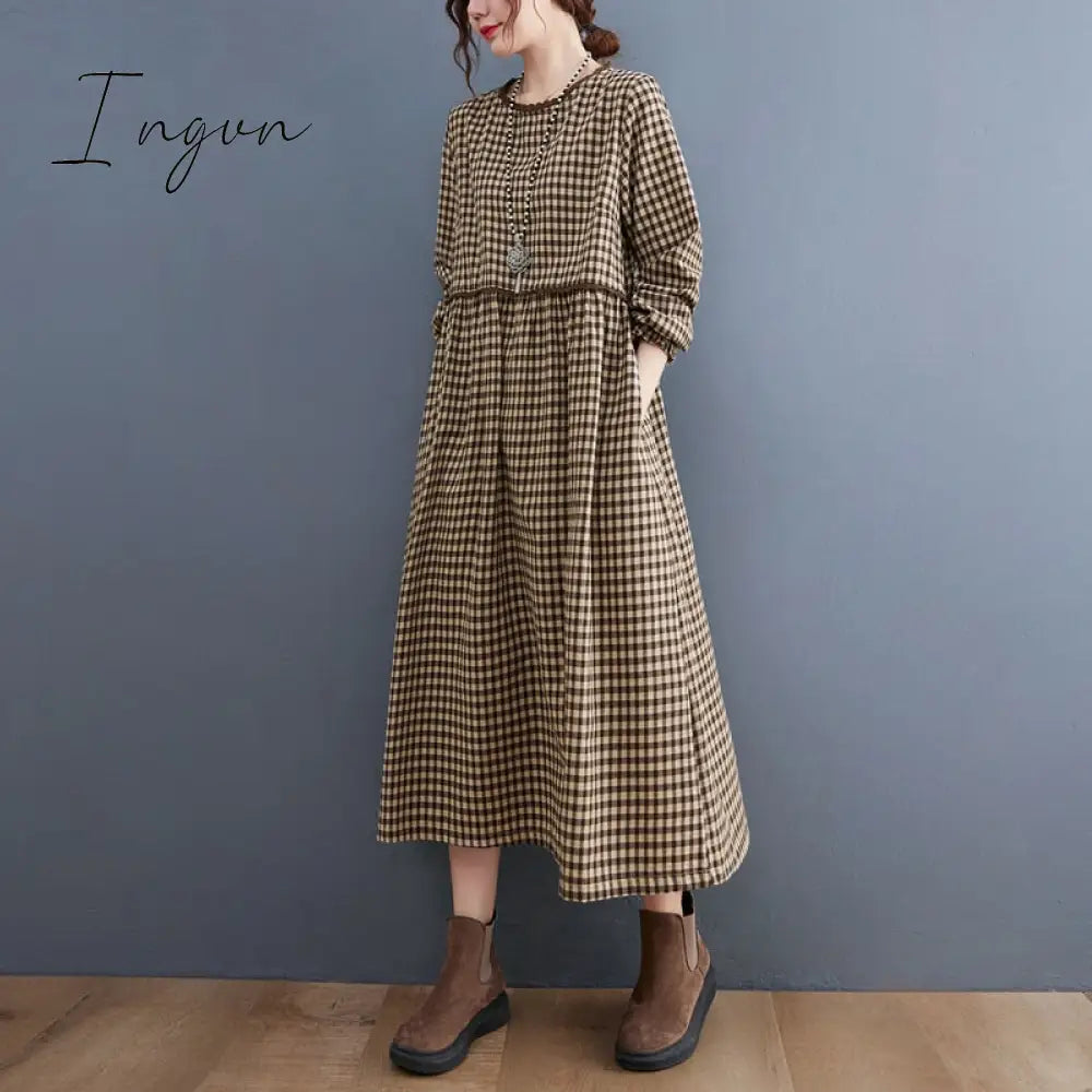 Ingvn - 2023 New Fashion Plaid Patchwork Lace Long Sleeve Autumn Dress Cotton Linen Office Lady