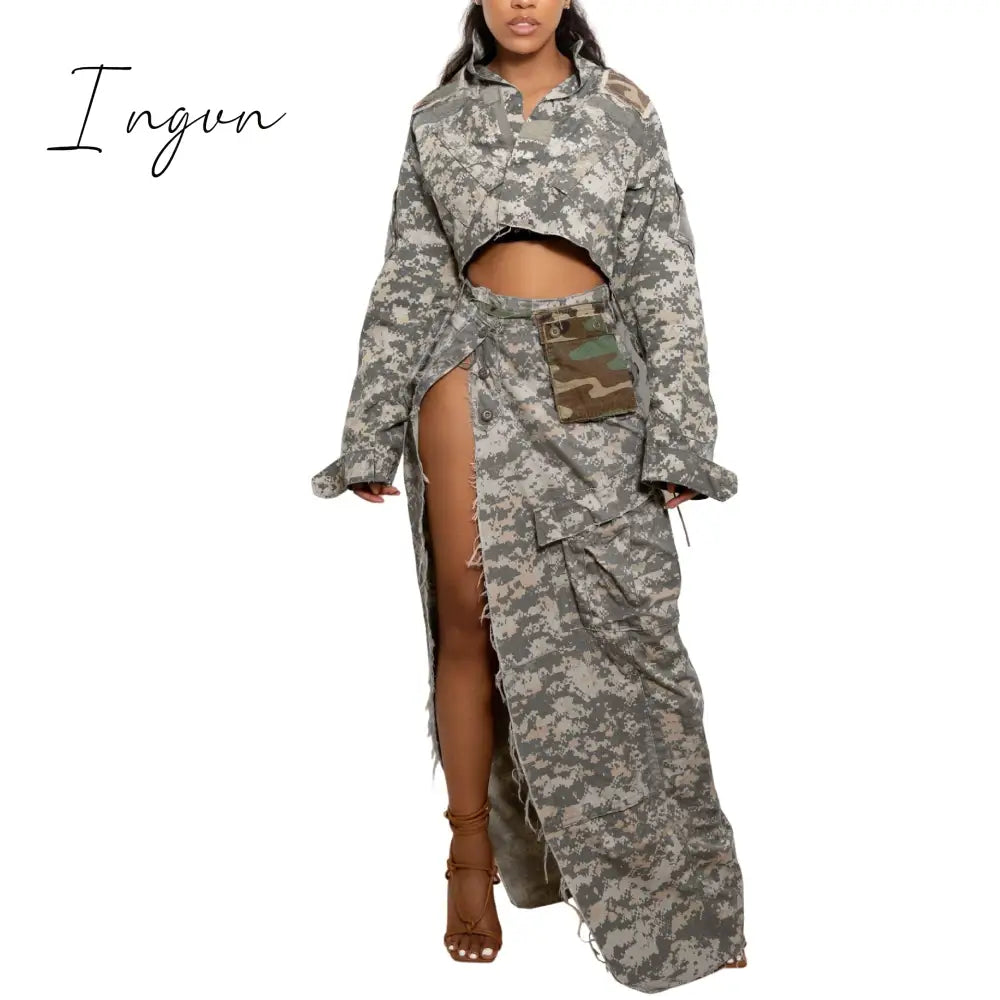 Ingvn - 2023 Summer Camo Skirt High Split Cargo Novelty Skirts For Women Digital Camouflage / S