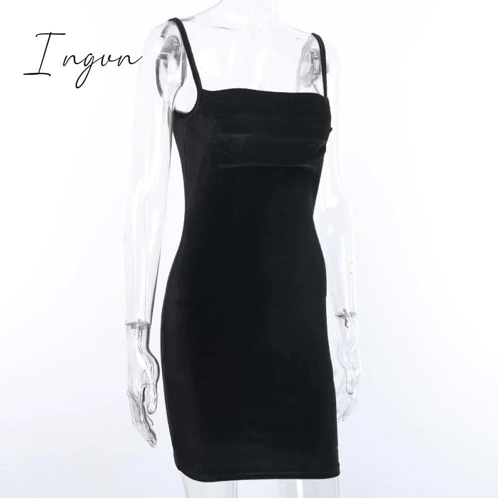 Ingvn - 2023 Womens Fashion Black Velvet Spaghetti Strap Dress Front Ruched Mini Skinny Sleeveless