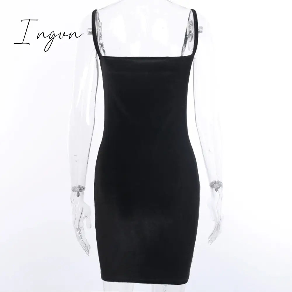 Ingvn - 2023 Womens Fashion Black Velvet Spaghetti Strap Dress Front Ruched Mini Skinny Sleeveless