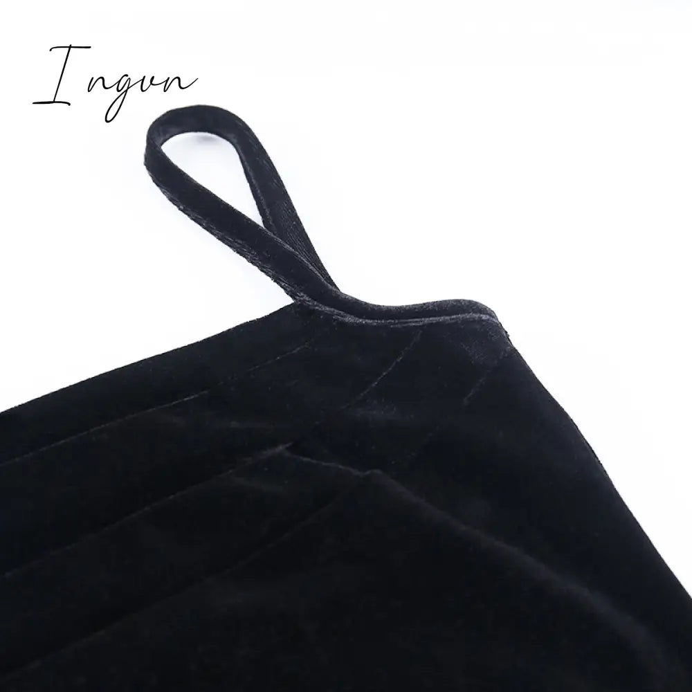 Ingvn - 2023 Womens Fashion Black Velvet Spaghetti Strap Dress Front Ruched Mini Skinny Sleeveless