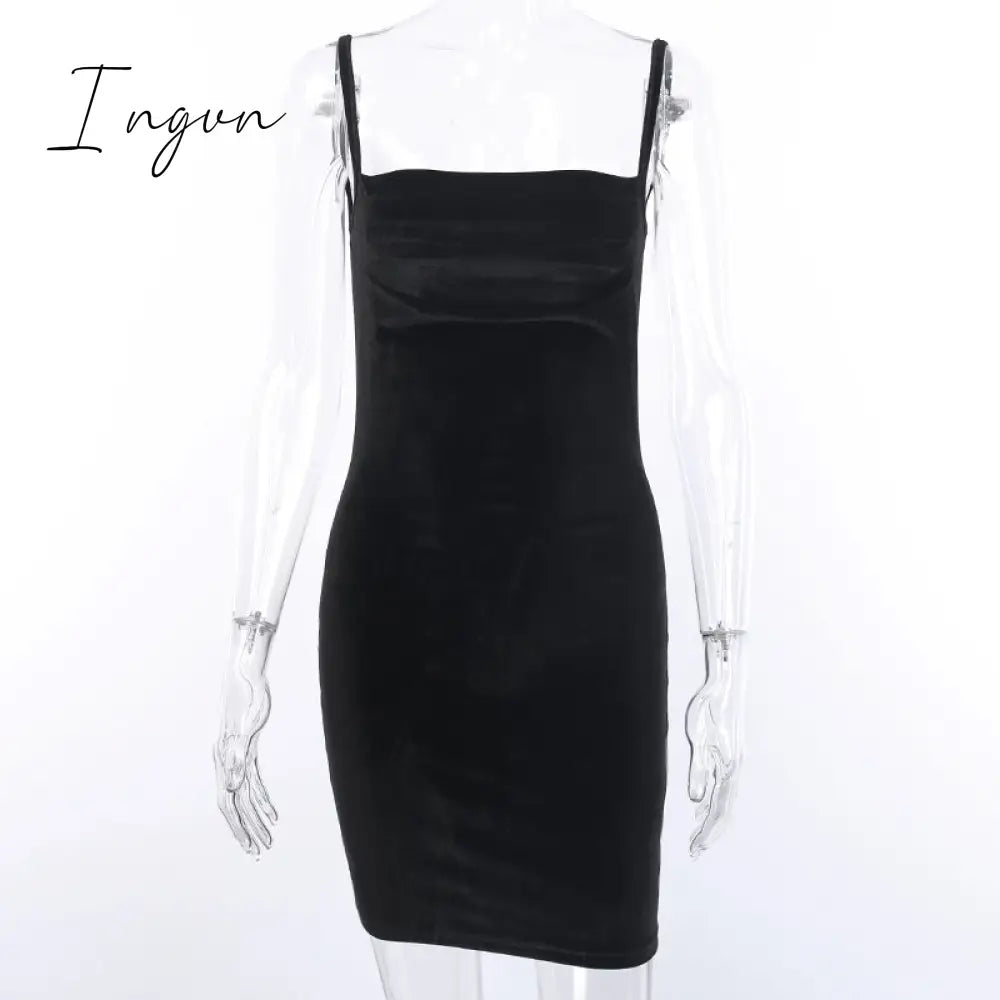 Ingvn - 2023 Womens Fashion Black Velvet Spaghetti Strap Dress Front Ruched Mini Skinny Sleeveless